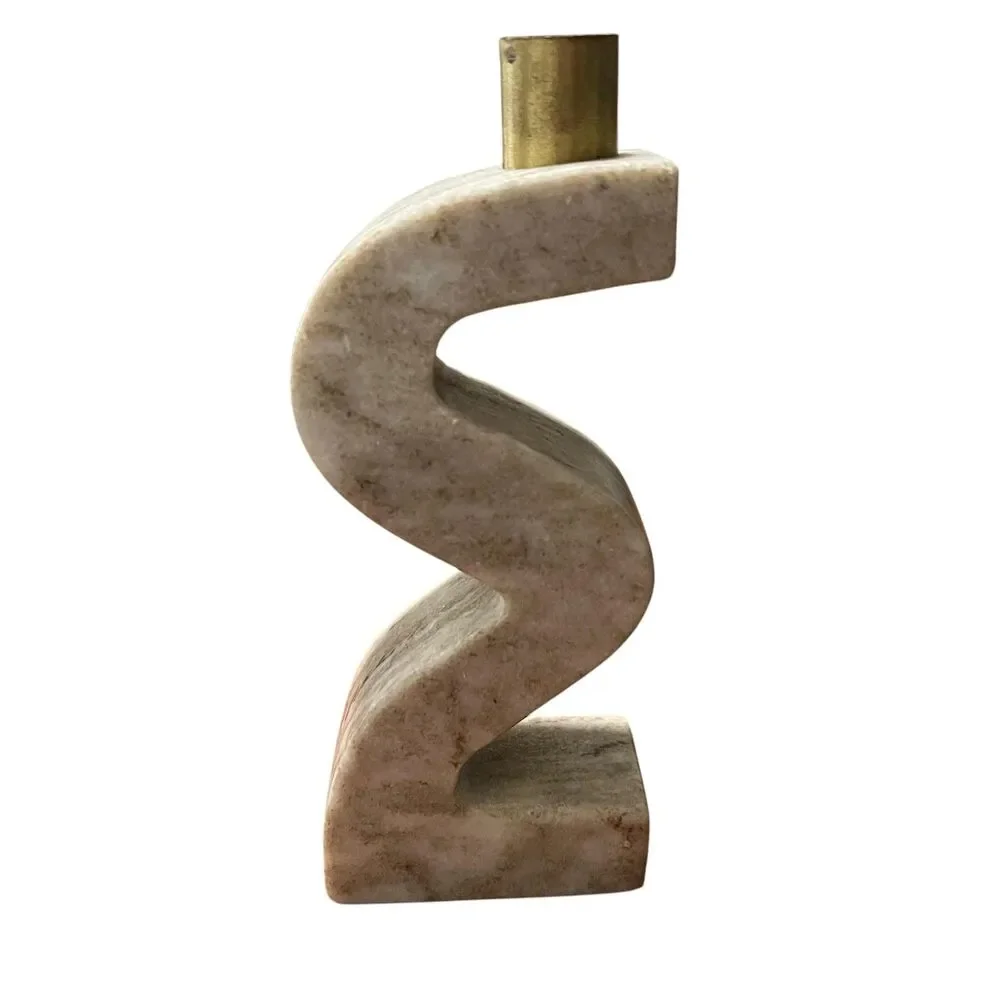 Marble Brass Abstract Zigzag Candlestick Holder Tan Handmade India Modern Decor